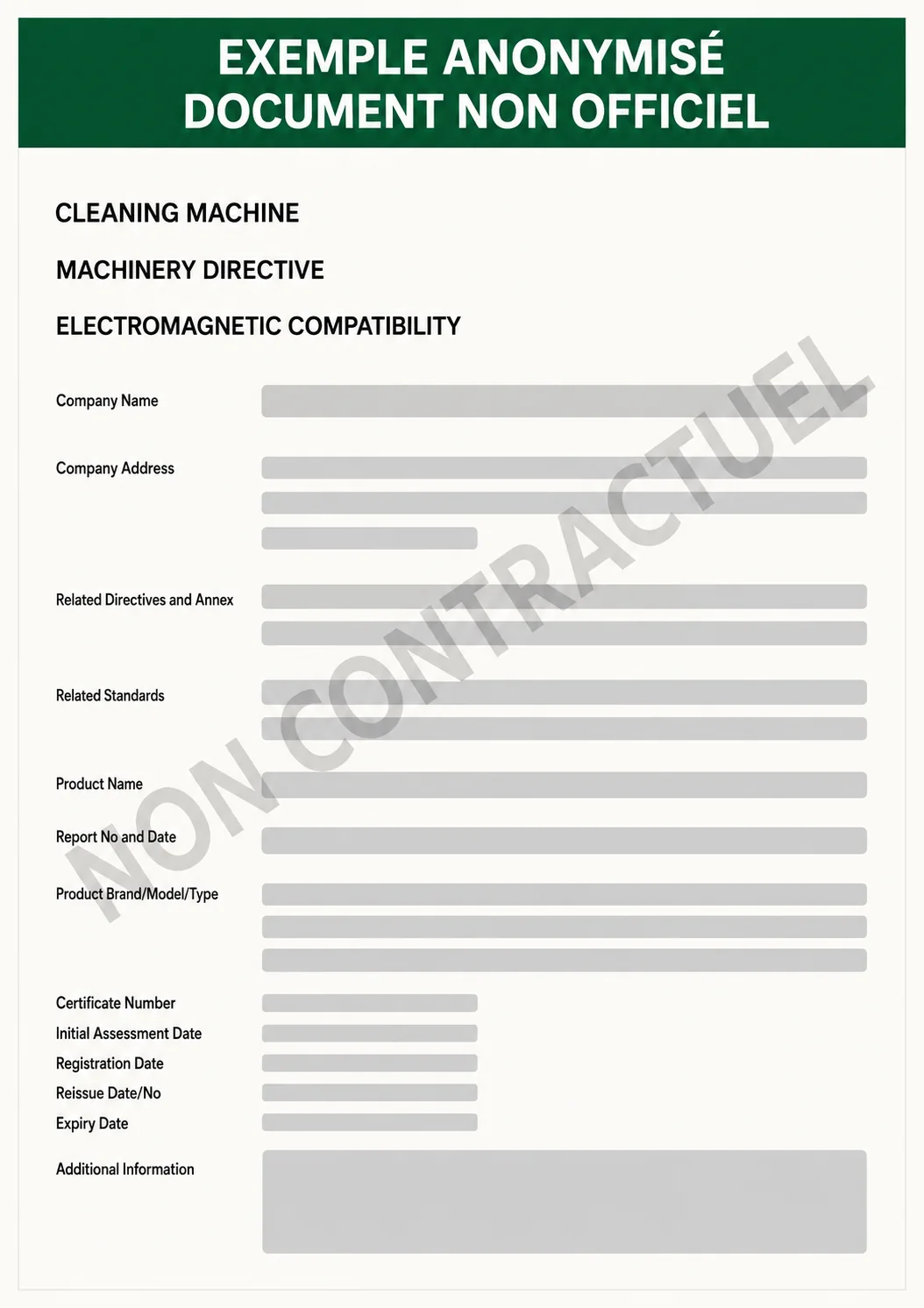 Fac-similé anonymisé d’une attestation technique pour une machine de nettoyage, avec toutes les données identifiantes masquées