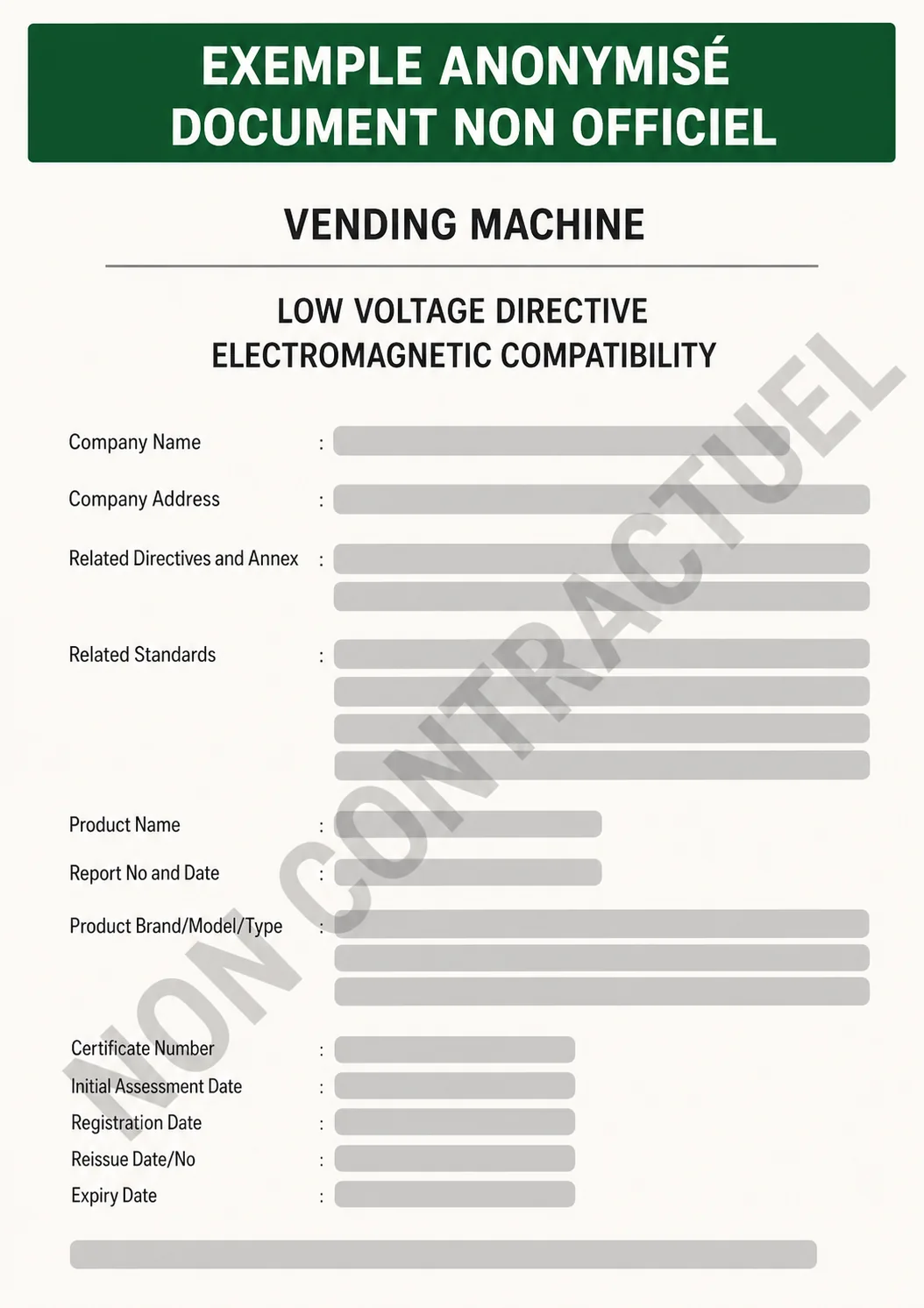 Fac-similé anonymisé d’une attestation technique pour une machine de distribution, avec toutes les données identifiantes masquées