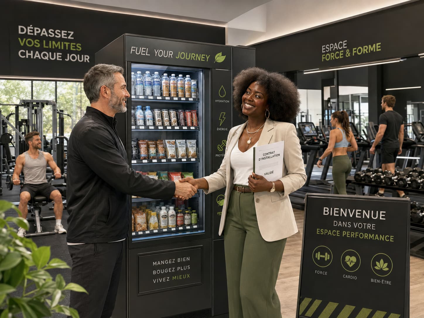 Joanna échange avec le responsable d’une salle de sport où elle obtient son premier emplacement.