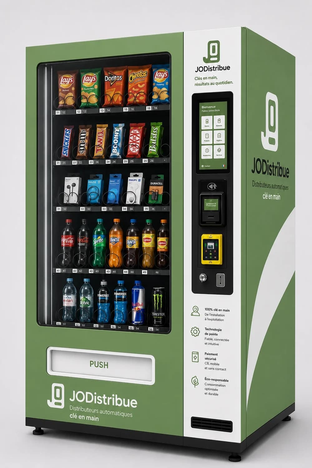 Distributeur mixte JODistribue personnalisé en version verte ou blanche
